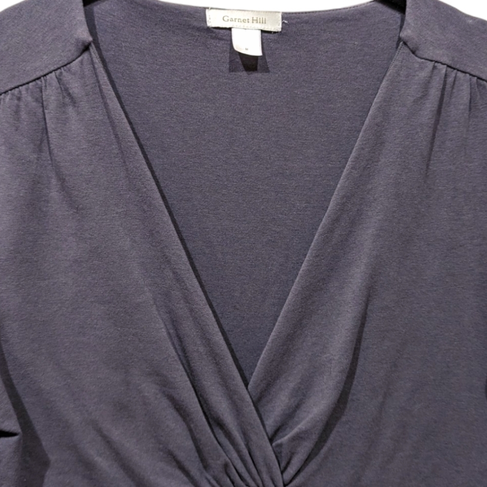Garnet Hill Faux Wrap Surplice Neckline Gathered Mocha Stretchy Jersey Dress (M) - Picture 4 of 6